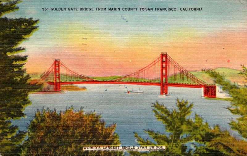 California San Francisco Golden Gate Bridge From Marin County 1949