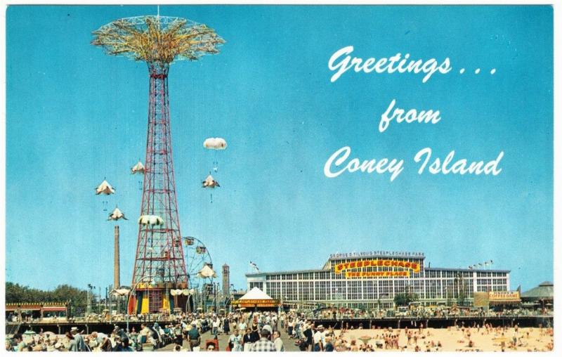 Greetings from Coney Island Parachute Jump Steeplechase Park NYC Postcard 1950s