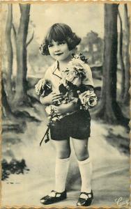 Children topic vintage postcard cute little girl with roses