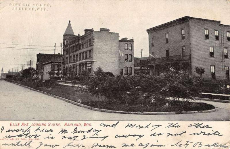 Ashland Wisconsin Ellis Avenue Street Scene Antique Postcard K84456