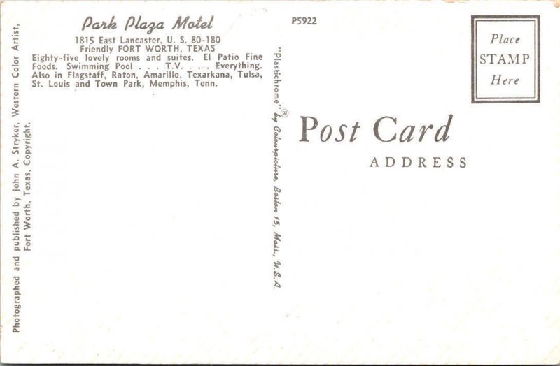 2~Chrome Postcards FORT WORTH, TX Texas PARK PLAZA MOTEL Pool~50's Cars ROADSIDE