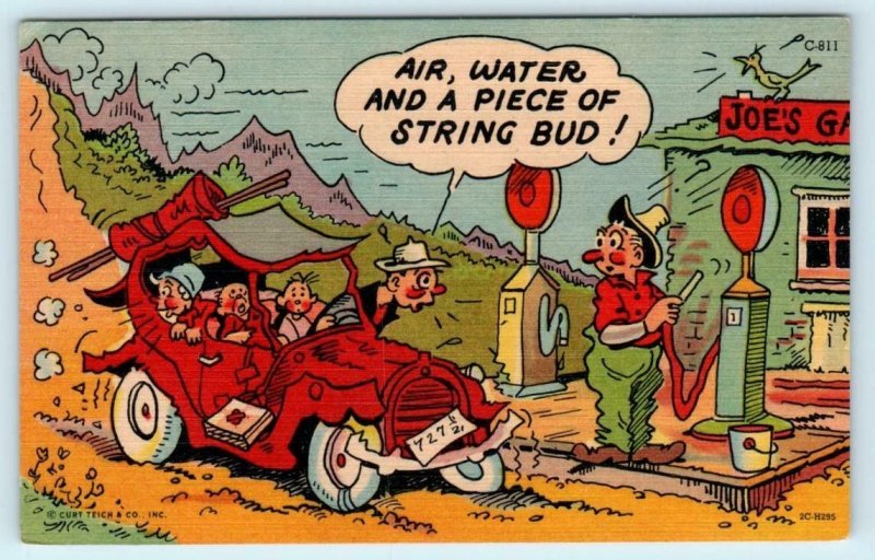 COMIC Postcard JOE'S GARAGE Broken Down Jalopy GAS SERVICE STATION c1940s Linen