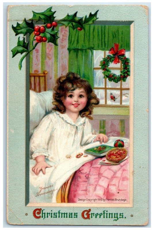 1913 Christmas Greetings Girl Holly Berries Brundage Webster ND Posted Postcard