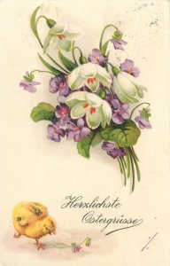 Easter greetings postcard 1931 Hungary chick & snowdrops flowers 