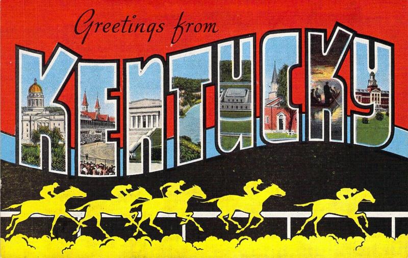 Linen Era,Large Letter,Greetings From Kentucky, Horses, Old Postcard 