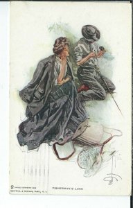 AU-134 - Fisherman's Luck, Harrison Fisher, Golden Age Postcard 1907-1915 Woman 