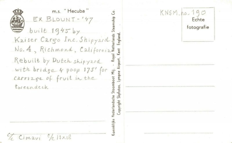 m.s. Hecuba Cargo 1945 RPPC Ship 06.13
