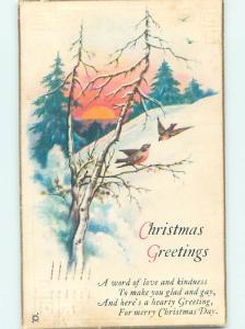 Pre-Linen christmas CUTE BIRDS ON BARREN TREE PLUS WINTER SUNSET hr2855