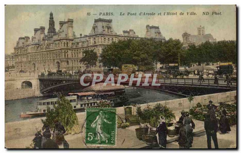 Old Postcard Paris The d & # 39Arcole Bridge and & # 39Hotel City Walk flower...