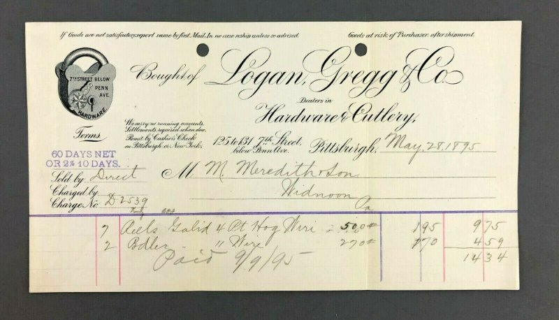 1895 Logan Gregg Co Cutlery 7th St Penn Ave Pittsburgh PA Receipt Bill Widnoon