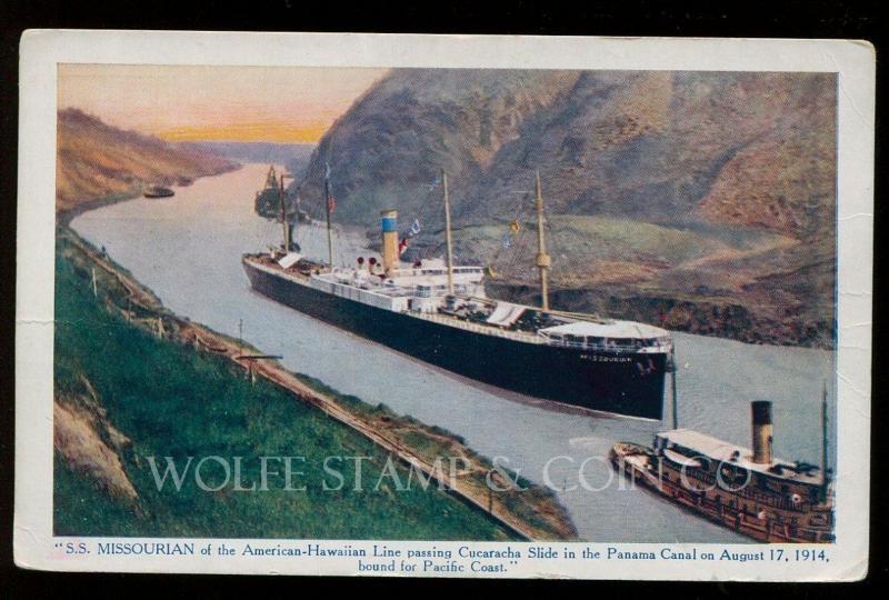 Early Postcard S.S. Missourian Passing Cucaracha Slide 1914 Panama Canal B4036