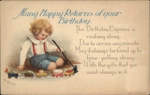 Clapsaddle Birthday Int'l Art Little Boy with Toy Train Cars c1910 Postcard