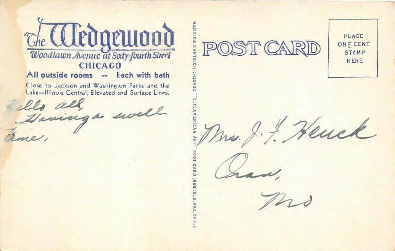 Chicago Illinois 1940s Postcard The Wedgewood Hotel