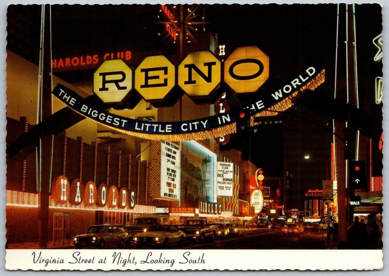 Reno Nevada 1973 Continental Postcard Virginia Street At Night Casino