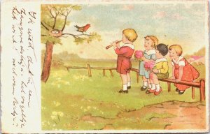 Children Play Outside Music For A Bird Vintage Postcard C200