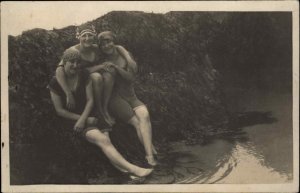 Trio of Bathing Beauty Women Friends c1910 Amateur Real Photo Postcard 