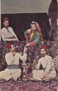 Beautiful Arab Woman & Men Drinking Coffee, Water Pipe, Shisha, Hookah 1910