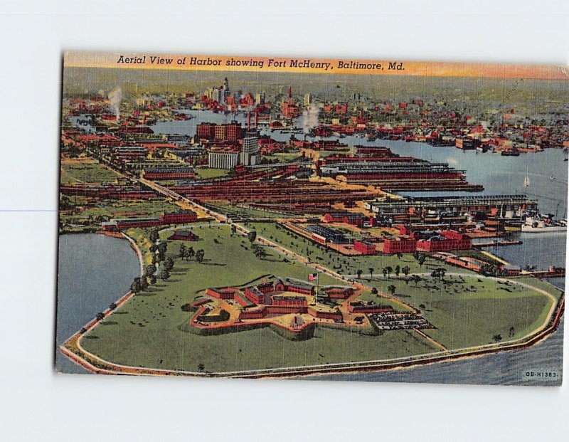 Postcard Aerial View of Harbor, showing Fort McHenry, Baltimore, Maryland