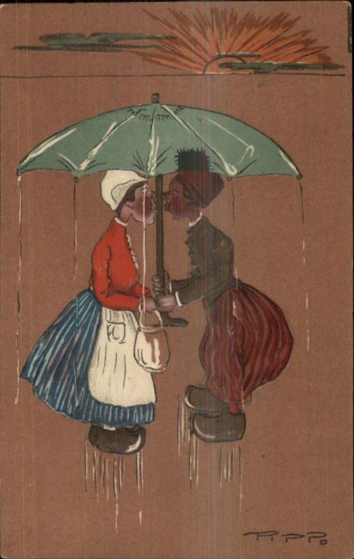 Art Deco Setting Dun Rain Kissing Dutch People Under Umbrella PPP Postcard