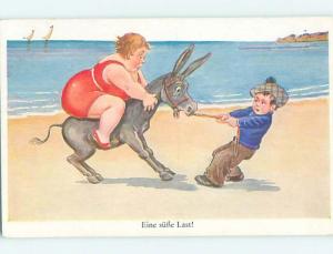 Pre-Linen foreign risque FAT GIRL IN BATHING SUIT RIDES DONKEY ON BEACH HL8524