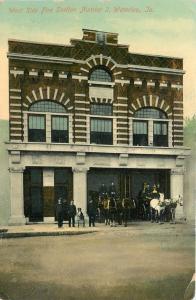 Waterloo Iowa~West Side Fire Station Number 2~Firemen~Dog on Chair~Horses~1910