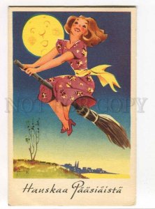 276569 EASTER Moon WITCH Young Woman on BROOM old FINLAND PC