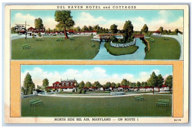 Bel Air Maryland MD Postcard North Side Del Haven Hotel Cottages c1940 Vintage