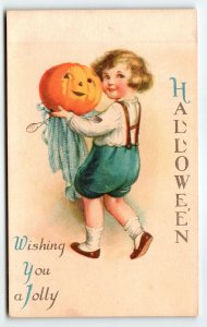 Halloween Postcard Unsigned Ellen Clapsaddle Child With Pumpkin Wolf 21 Antique