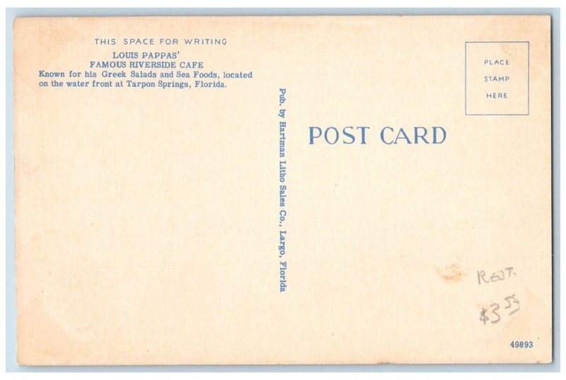 Tarpon Springs Florida Postcard Louis Pappa Famous Riverside Cafe c1940 Unposted