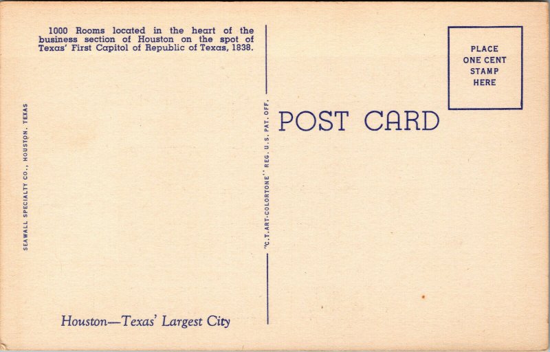 Vtg 1930s Rice Hotel Houston Texas TX Unused Linen Postcard
