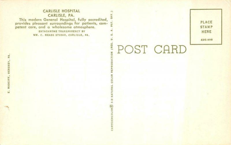 CARLISLE, Pennsylvania PA   CARLISLE GENERAL HOSPITAL  ca1960's Chrome Postcard