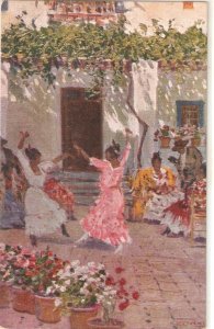 M. Bertuchi. Dancing Sevillanas Fine painting, vibntage Spanish postcard