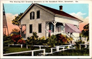 Girl Waves at Steamers From Porch, Savannah River GA c1925 Vintage Postcard Q62
