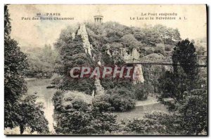 Old Postcard Paris Parc des Buttes Chaumont Suspension Bridge Lake and belvedere