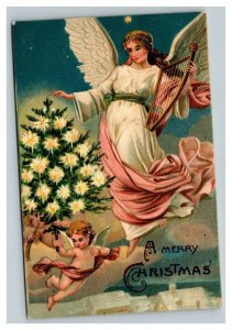 Vintage 1907 Christmas Postcard Cute Angels Gold Harp Xmas Tree in the Heavens