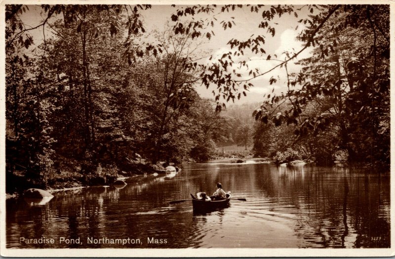 Vtg Paradise Pond Canoe Northampton Massachusetts MA RPPC Real Photo Postcard