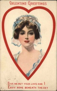 Valentine Art Nouveau Heart Border Young Woman in Lace Hat c1910 Postcard