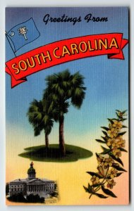 Greetings From South Carolina Large Big Letter Linen Postcard Unposted Palm Tree