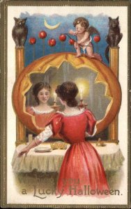 Halloween Pretty Woman Mirror Cupid #245 Embossed c1910 Postcard