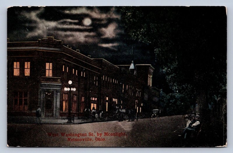 J88/ Nelsonville Ohio Postcard c1910 Athens County Washington St Night 27