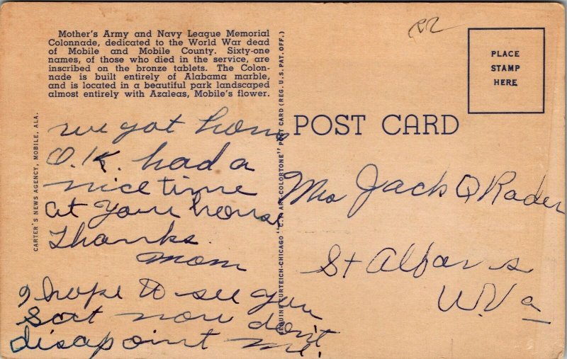 Vtg Mobile Alabama AL Soldiers and Sailors Memorial 1940s Linen Postcard
