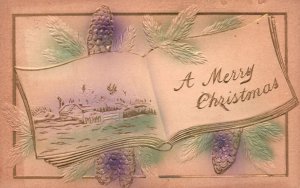 A Merry Christmas Xmas Greetings Card Open Book Pine Cones Vintage Postcard 1910