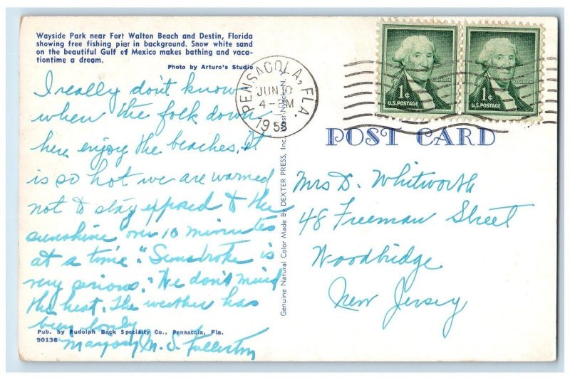 1958 Wayside Park Fort Walton Beach Destin Fishing Pier Sand Florida FL Postcard