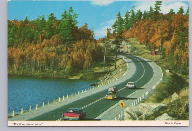 Canadian Fall Colour Scene, Chrome Postcard, Old Cars