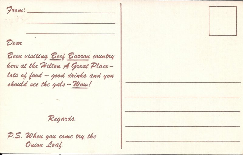 Beautiful Western Girl, Beef Restaurant, Steer, 1950's Advertising Hilton Hotel