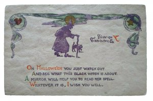 Halloween Postcard Everett Studios Witch Purple Cat Moon Star Heart Magic Spell