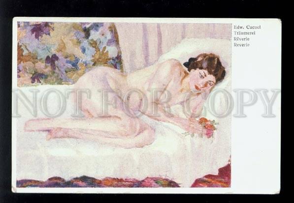 074881 NUDE Female BELLE on bed by CUCUEL old Modernist style