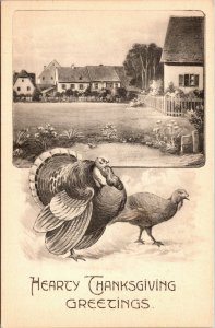 Vtg 1910s Hearty Thanksgiving Greetings Turkeys Cottages Unused Postcard