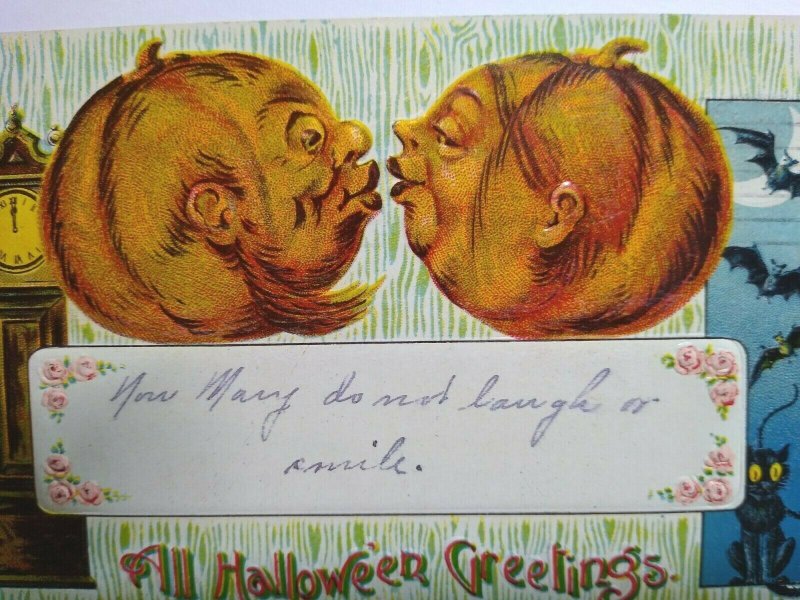 Vintage Halloween Postcard Gottschalk Kissing Goblins Bats Black Cat Series 2276