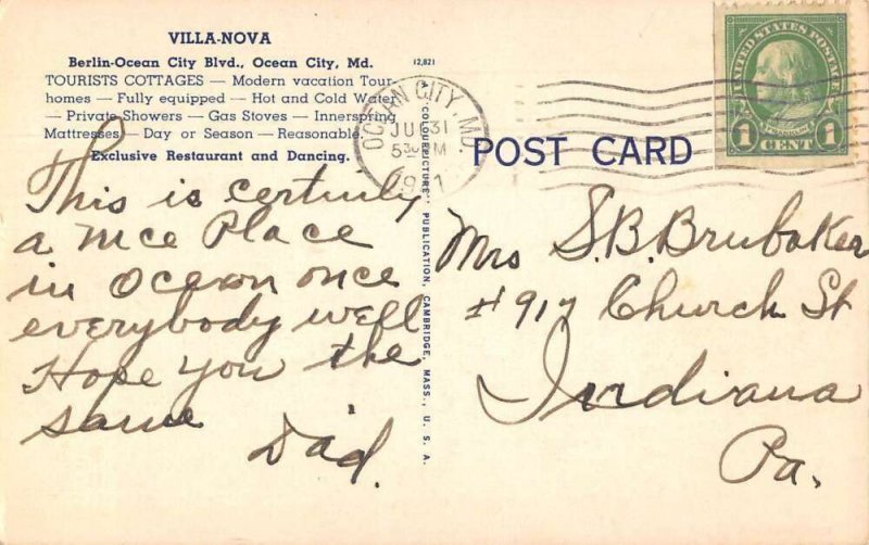 Ocean City Maryland Villa-Nova Linen Vintage Postcard AA39821